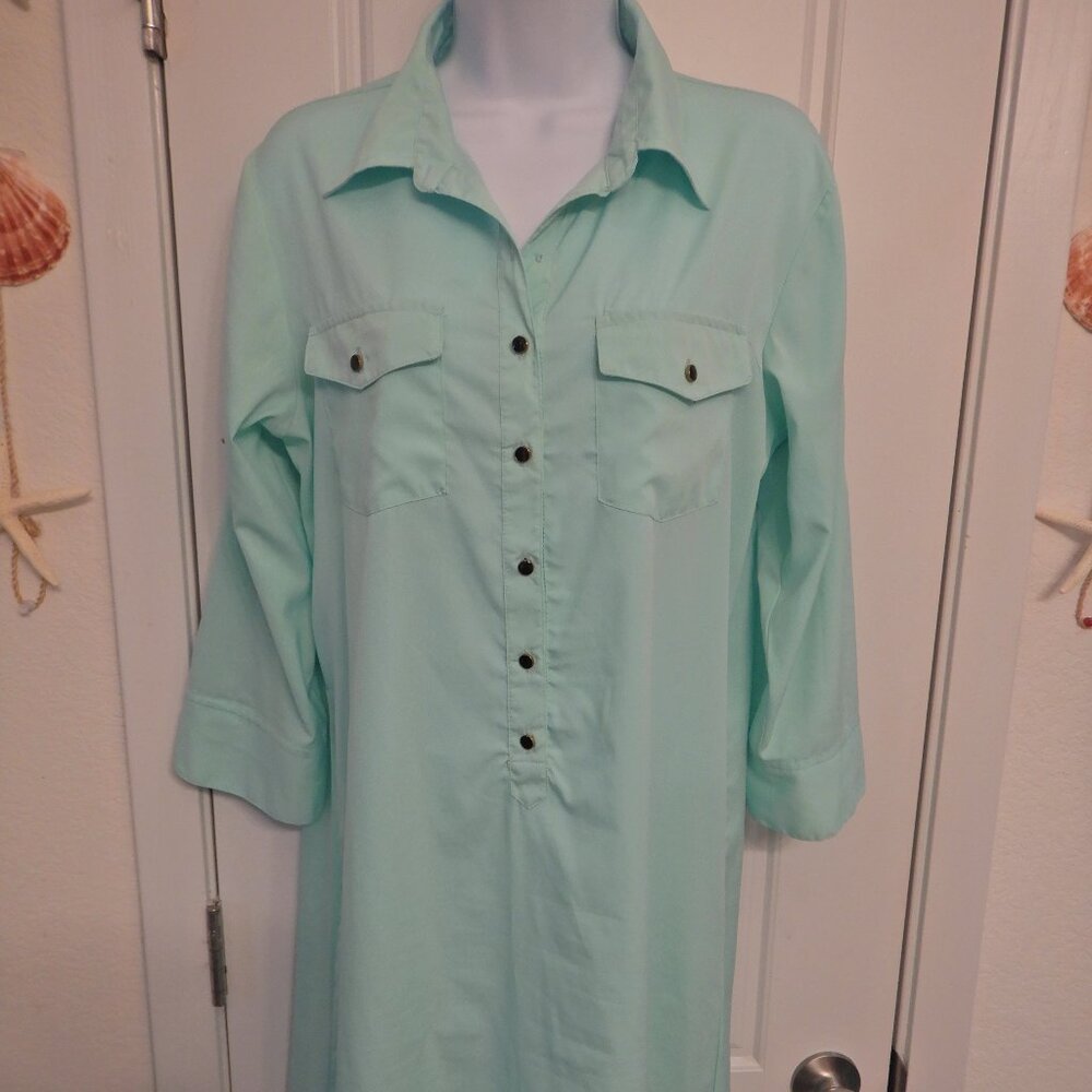 Solid Mint 3/4 Sleeve Button Down Shirt Midi Dress w/Collar